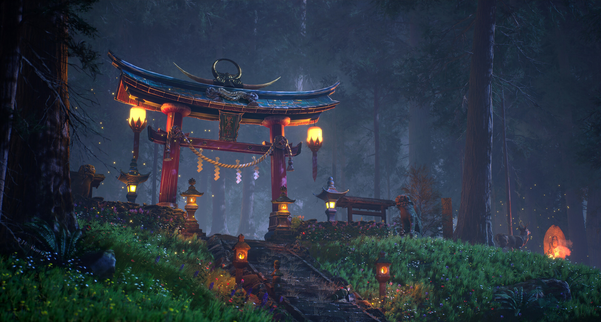 Nighttime torii gate scene